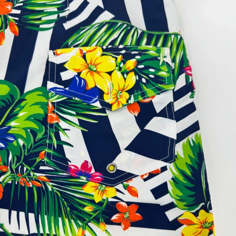 Polo Ralph Lauren Mens Tropical Floral Striped Swim Trunks Navy White Size‎ 38